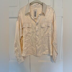 12th Tribe Satin Utility Button Down Blouse Ivory NWT Size Large
